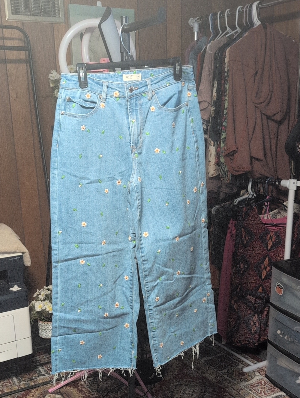 Oat New York Light Blue Floral Embroidered Wide-Leg Jeans EUC Worn Once